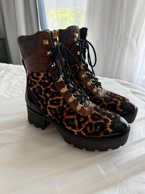 Michael Kors Khloe Mixed-Media Combat Boot – Leopard Print